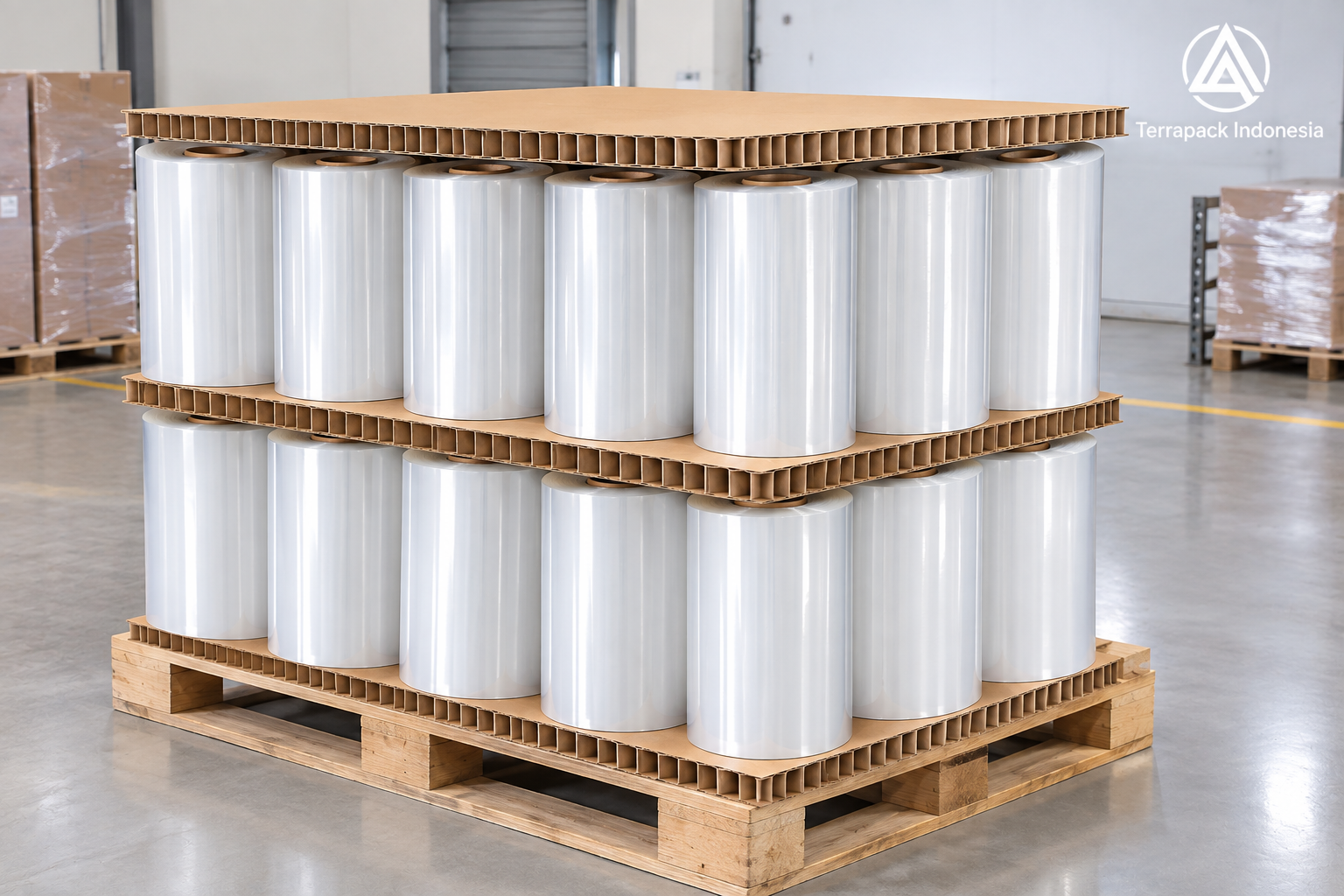Honeycomb board sebagai partisi flexible packaging film di atas pallet